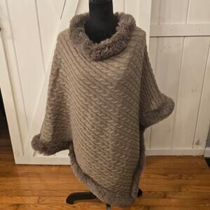 Le Moda Cozy Brown Cable Poncho with Faux Fur Trim One Size